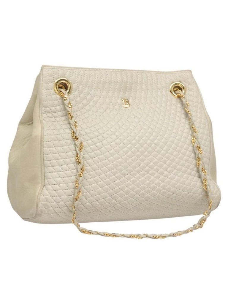 Authentic Bally Quilted Chain Shoulder Bag Leather Gray Gold